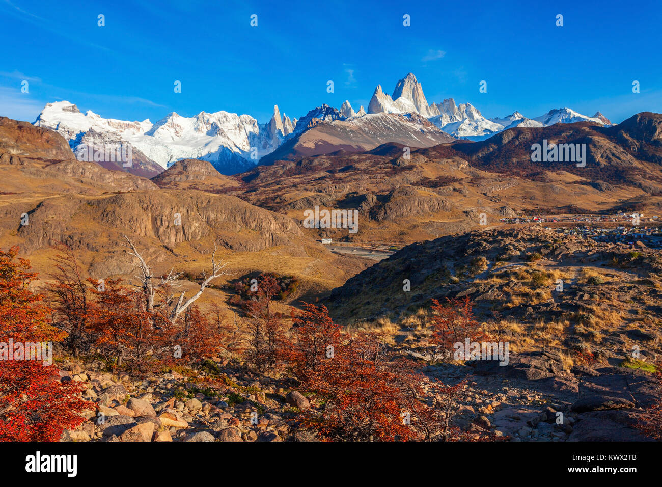 Monte Fitz Roy (also known as Cerro Chalten) aerial view. Fitz Roy is a mountain located near El Chalten, in the Southern Patagonia, on the border bet Stock Photo
