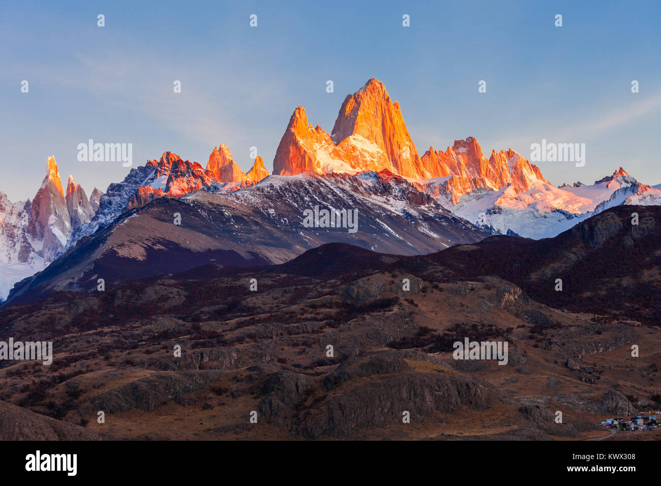 Monte Fitz Roy (also known as Cerro Chalten) aerial sunrise view. Fitz Roy is a mountain located near El Chalten, in the Southern Patagonia, on the bo Stock Photo