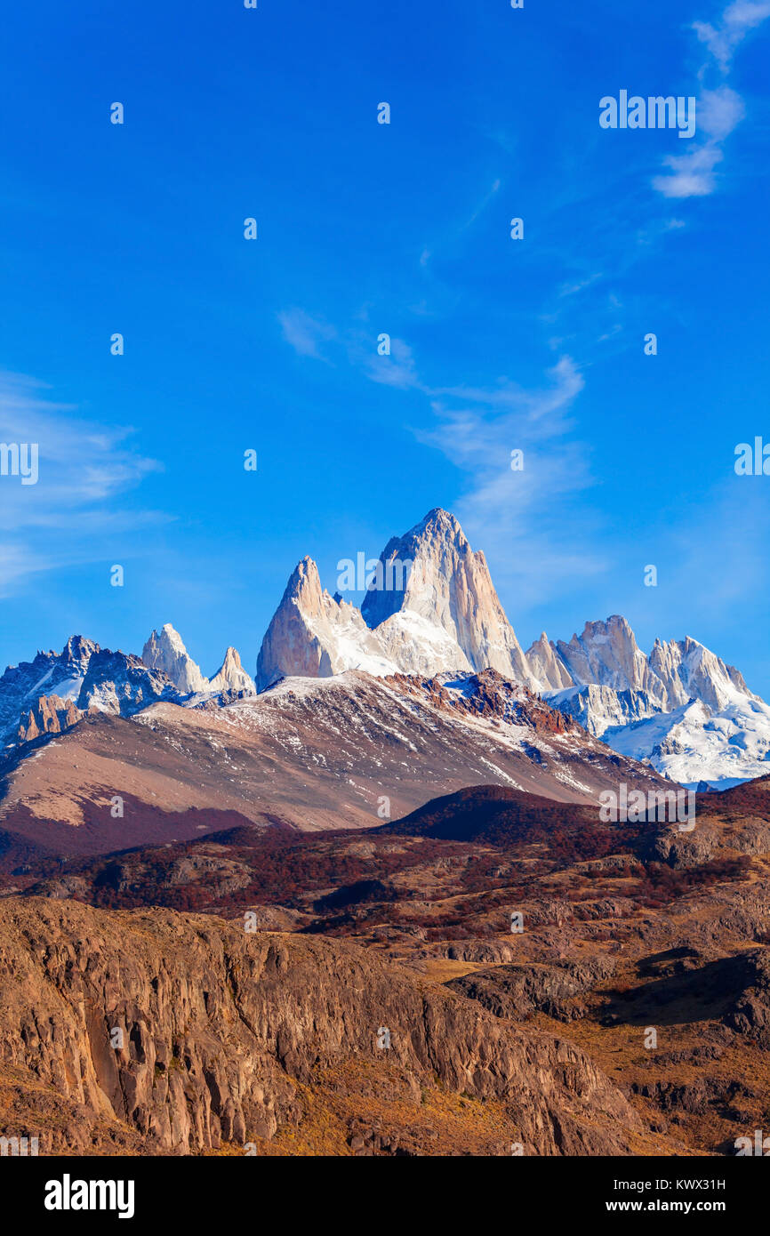 Monte Fitz Roy (also known as Cerro Chalten) aerial view. Fitz Roy is a mountain located near El Chalten, in the Southern Patagonia, on the border bet Stock Photo