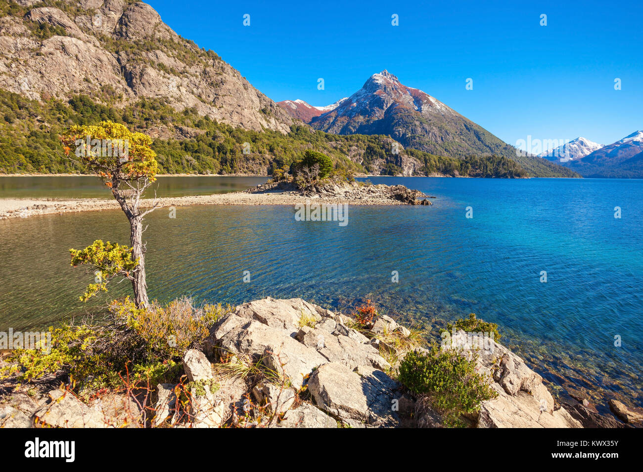 Beauty lake and mountains landscape in Nahuel Huapi National Park, located near Bariloche, Patagonia region in Argentina. Stock Photo