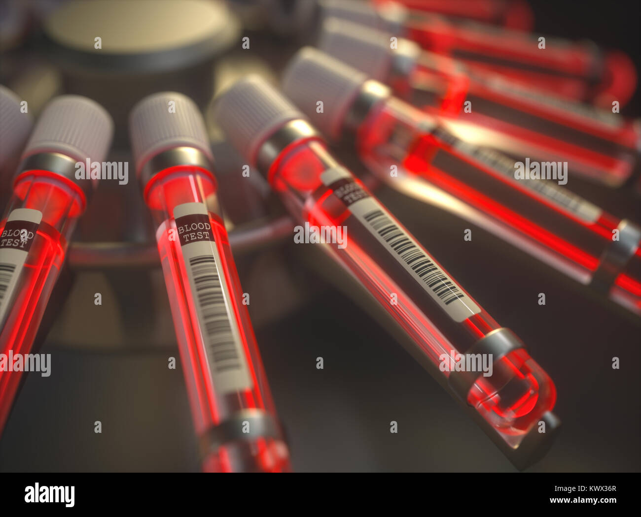 3D illustration. Centrifuge blood machine. Chemical test, bright red liquid inside the test tubes. Stock Photo