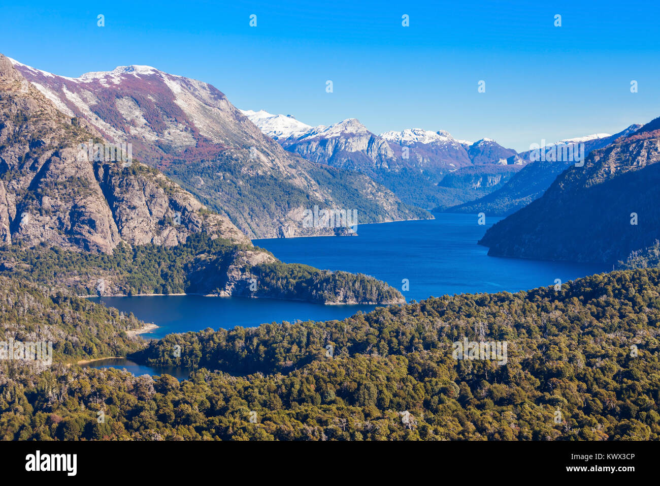 Aerial View Of Lake Lake Nahuel Huapi With The Full Moon On The Horizon