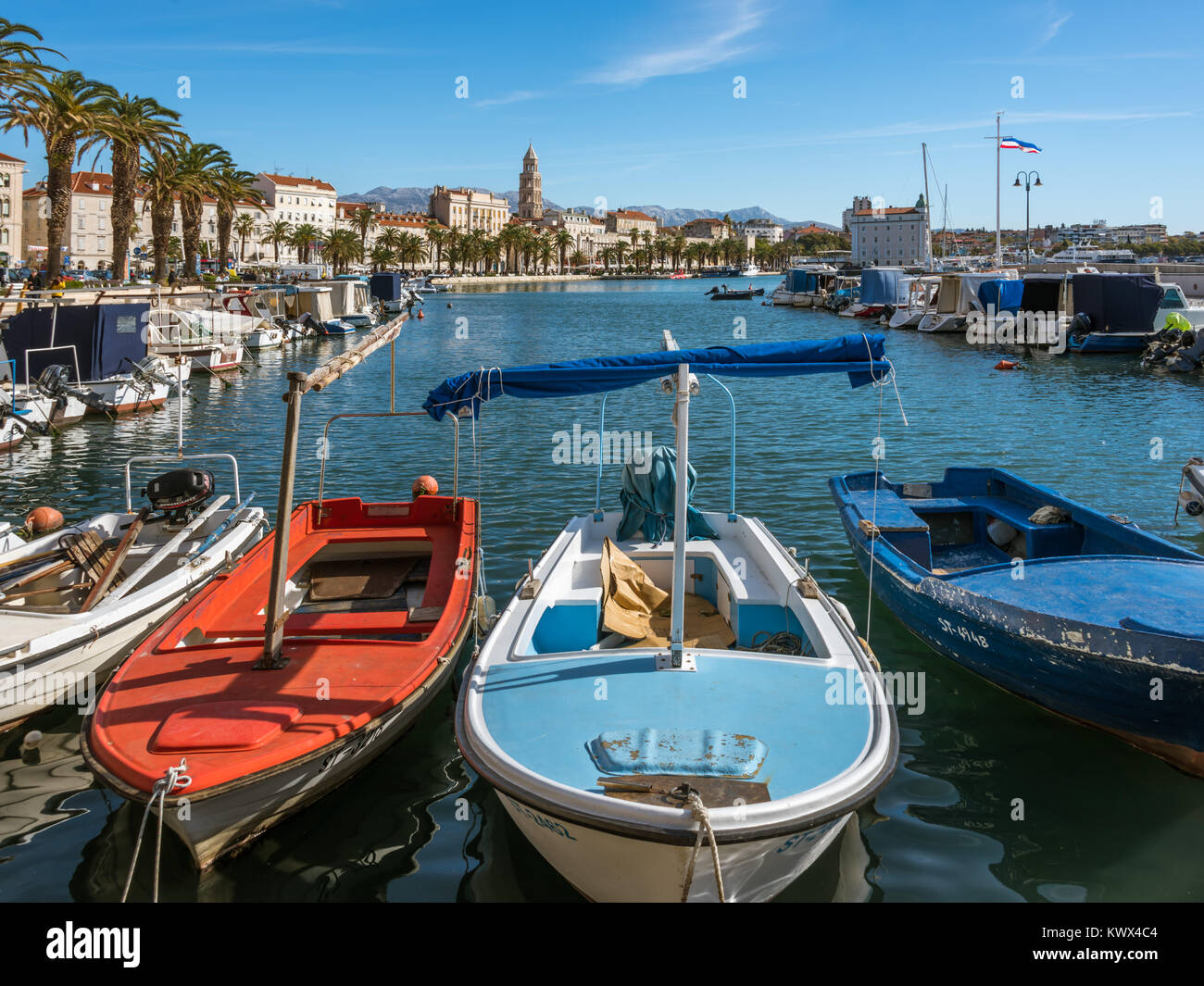 Fishing boats, Riva promedade, Split city skyline, Croatia Stock Photo