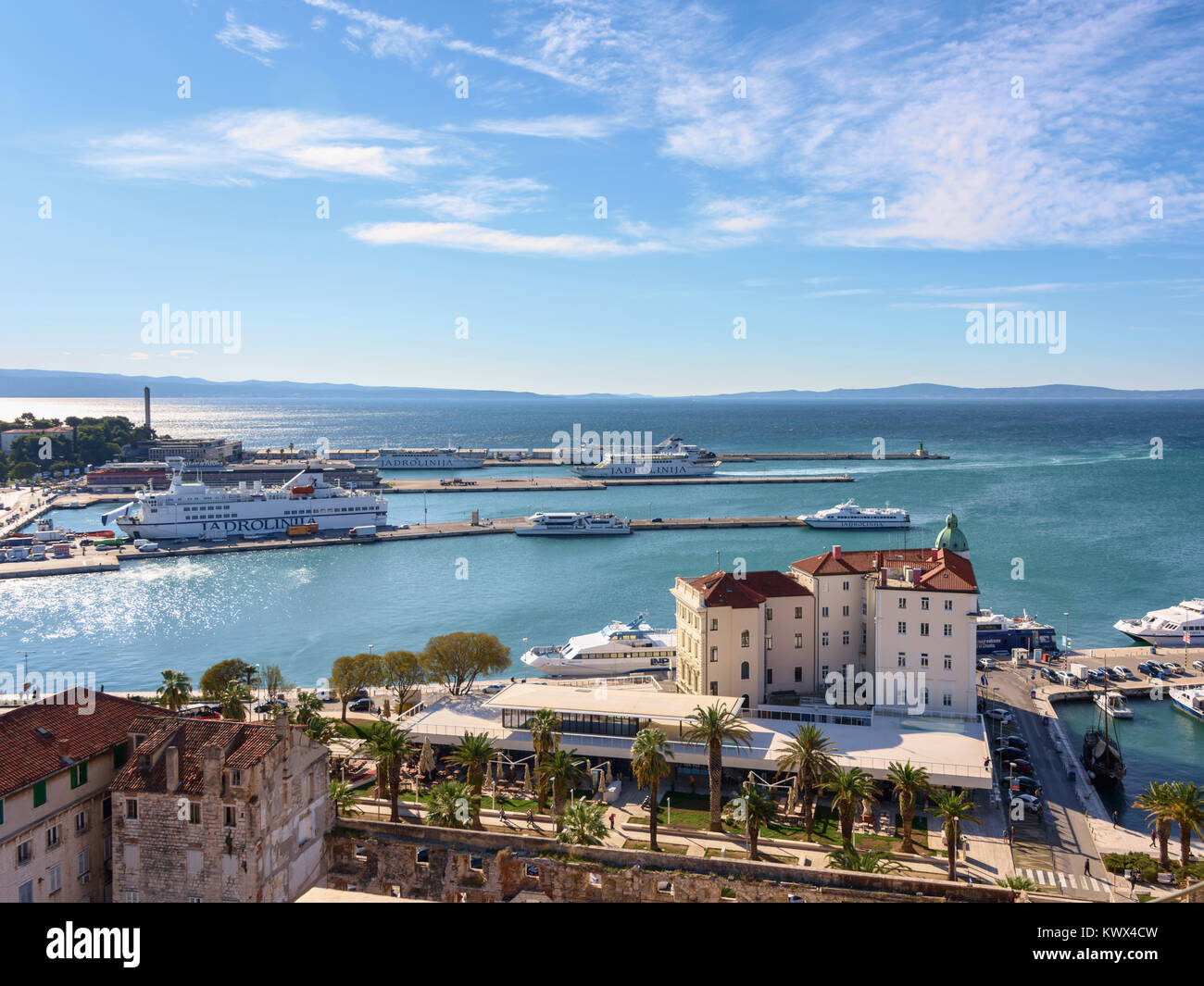 Aerial view of Split Ferry port from St. Domnius Bell Tower, Croatia Stock Photo