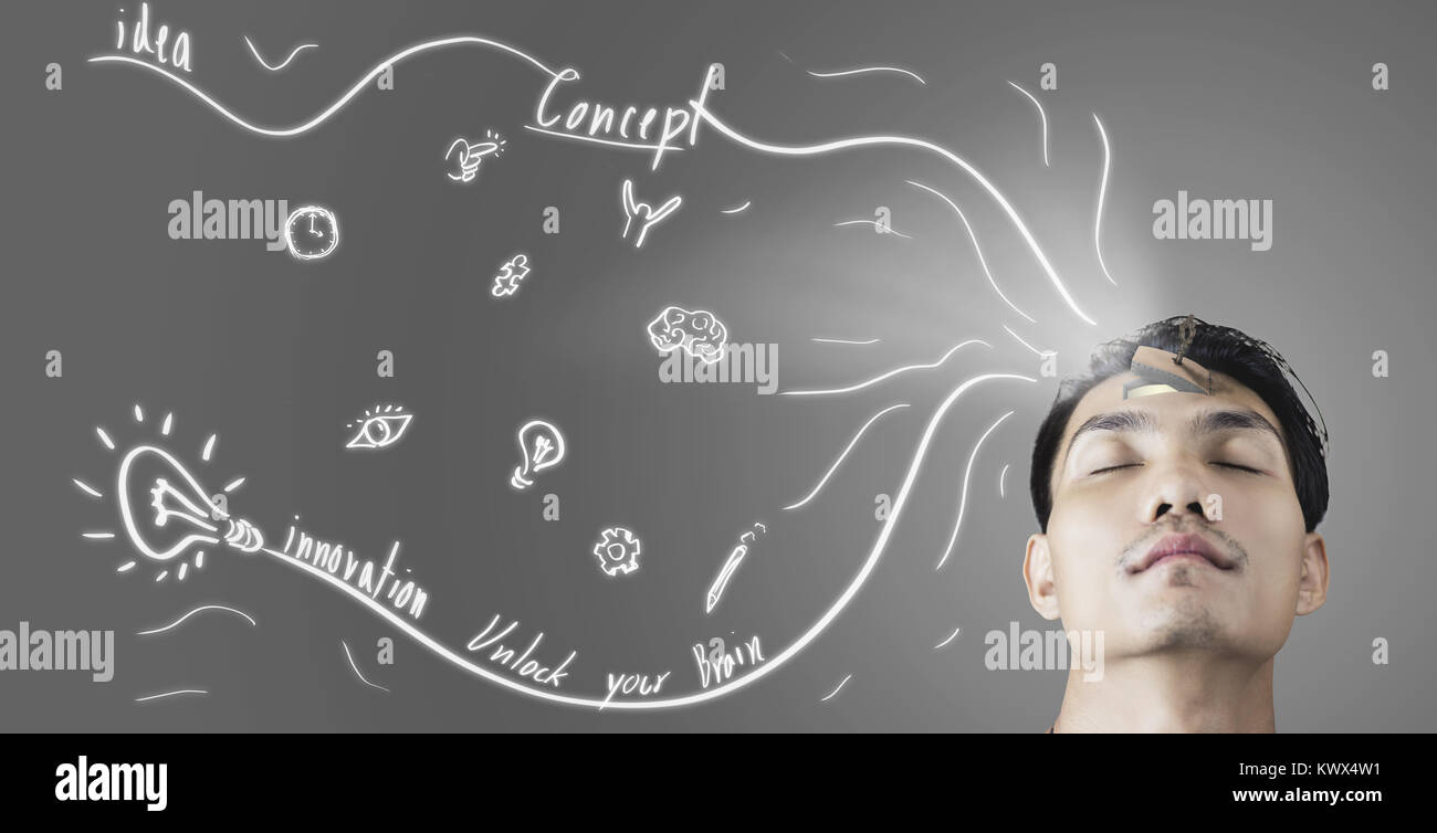 "Unlock your brain" creative thinking man open his key door in forehead