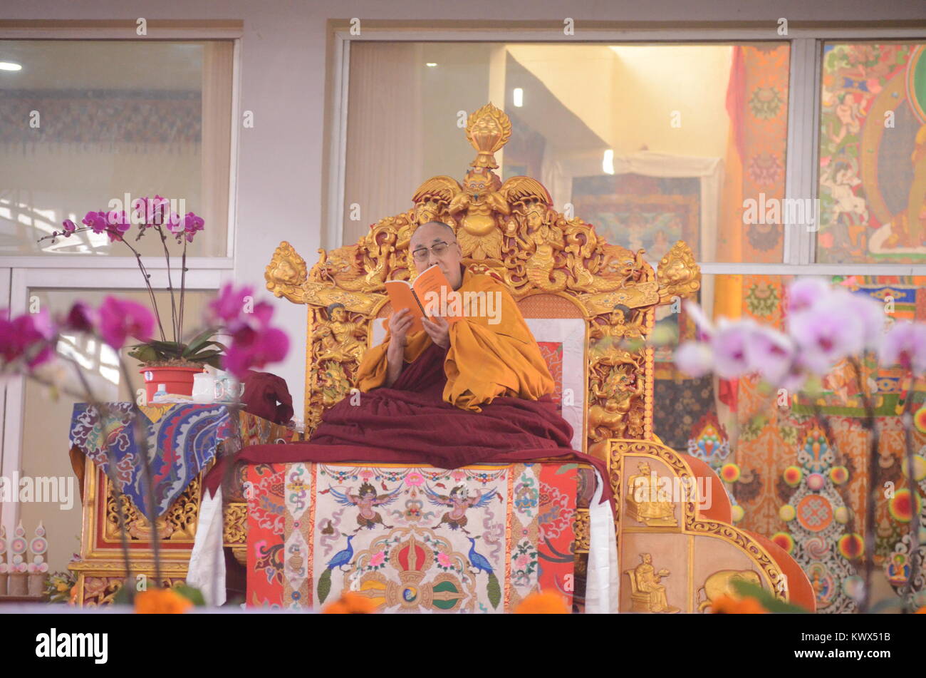 Bodh gaya, India 05 January 2018 - The Holiness 14th Dalai Lama is addressing a   gathering during the special teaching  session at Bodh gaya,  India. Stock Photo
