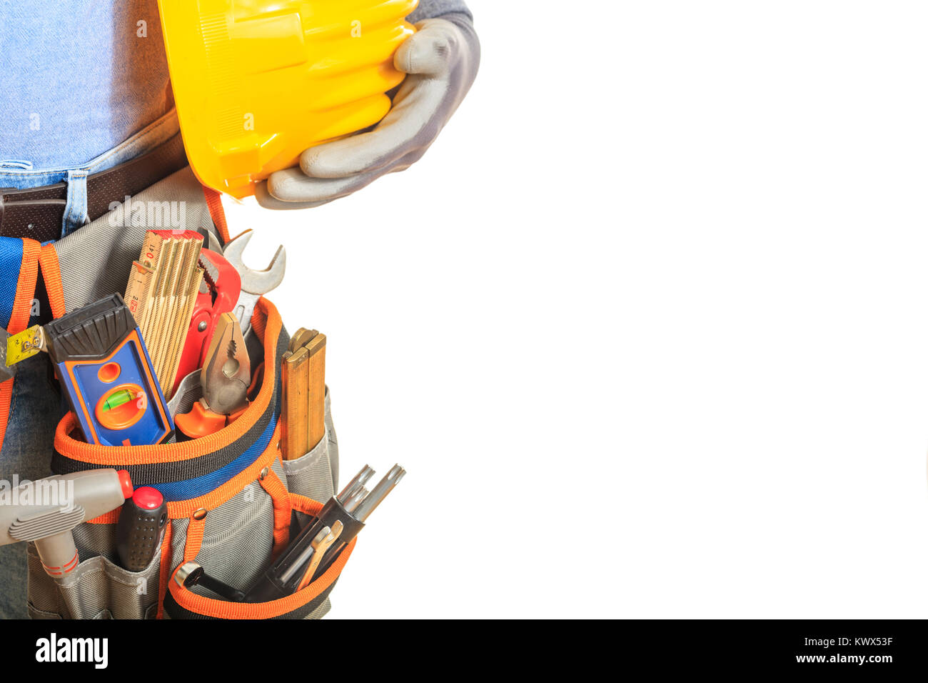 Worker with safety equipment on white background Stock Photo