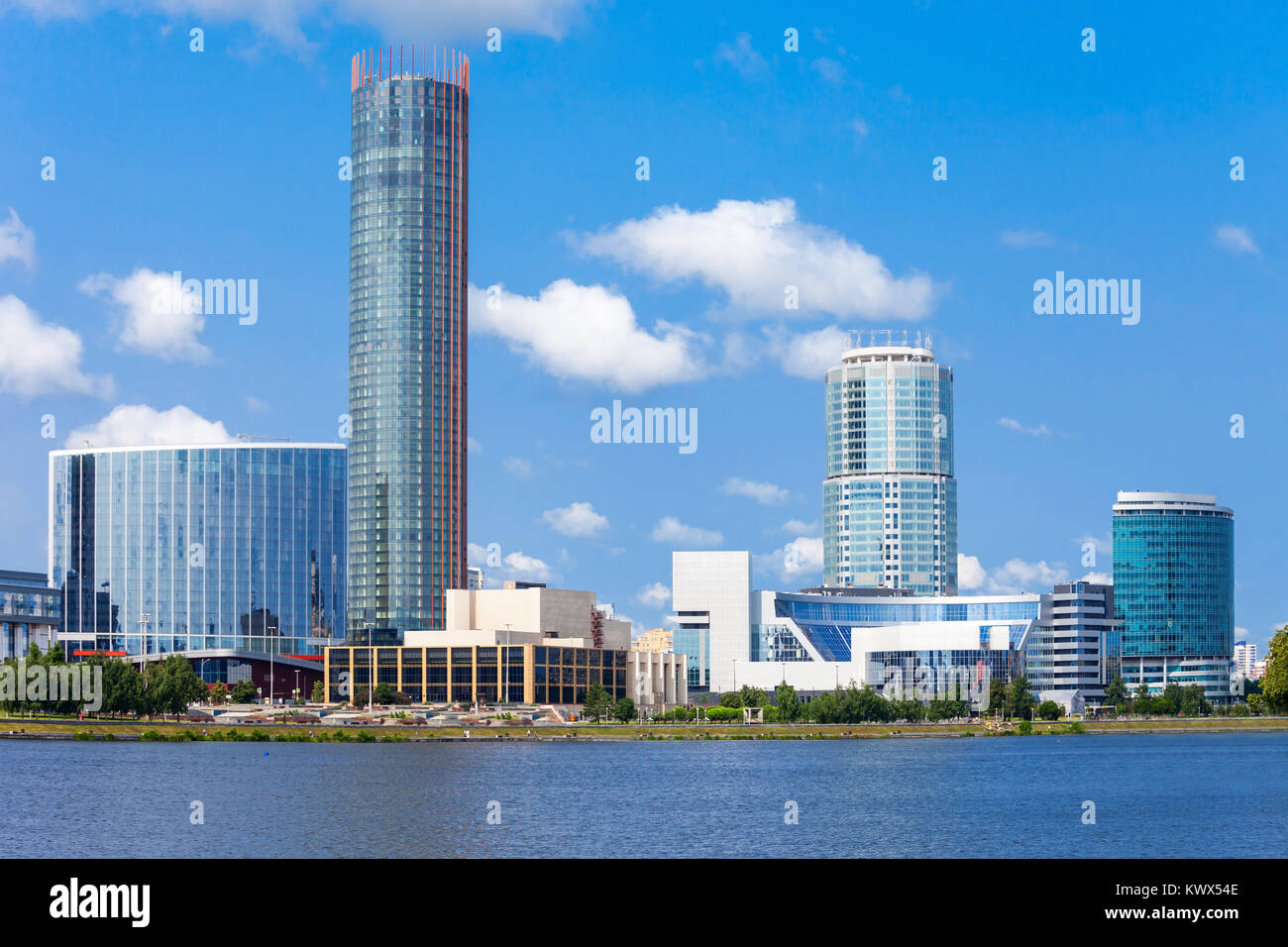 Yekaterinburg city center skyline and Iset river. Ekaterinburg is the fourth largest city in Russia and the centre of Sverdlovsk Oblast. Stock Photo