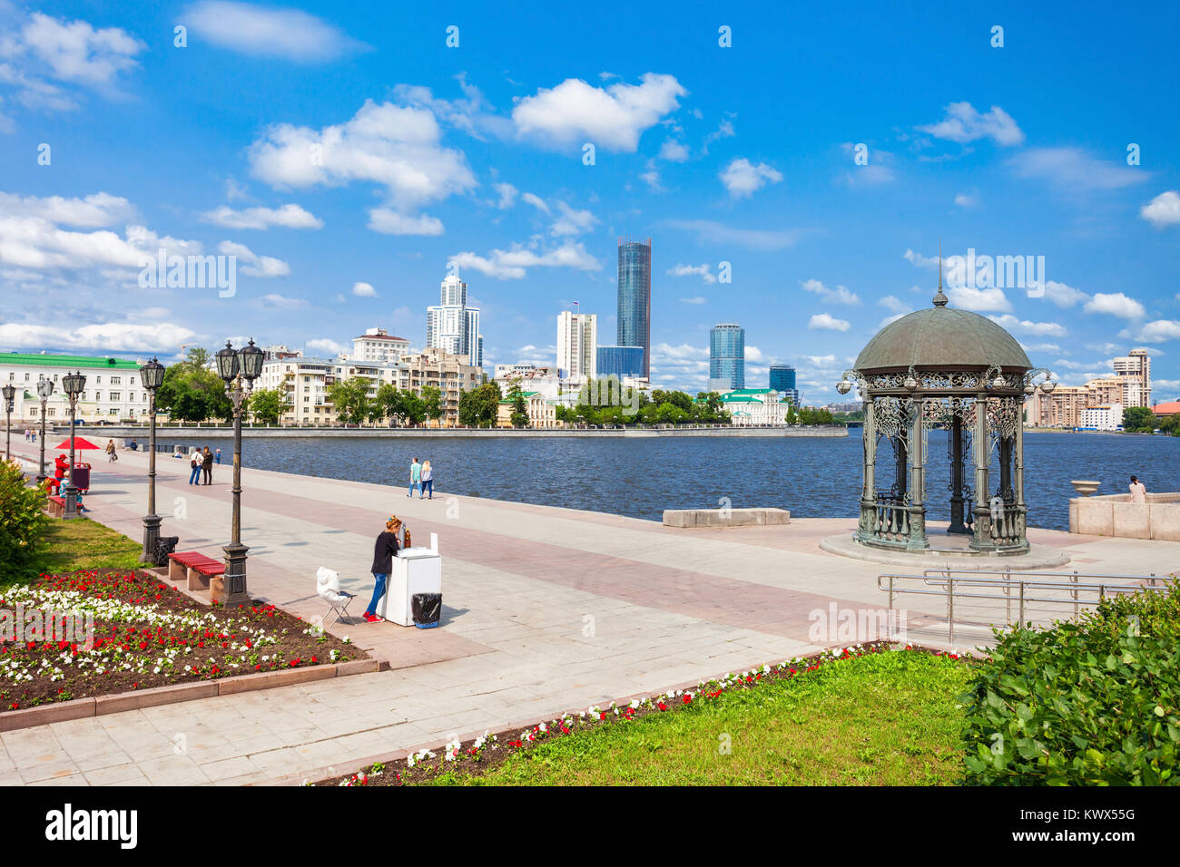 Yekaterinburg city center skyline and Iset river. Ekaterinburg is the fourth largest city in Russia and the centre of Sverdlovsk Oblast. Stock Photo