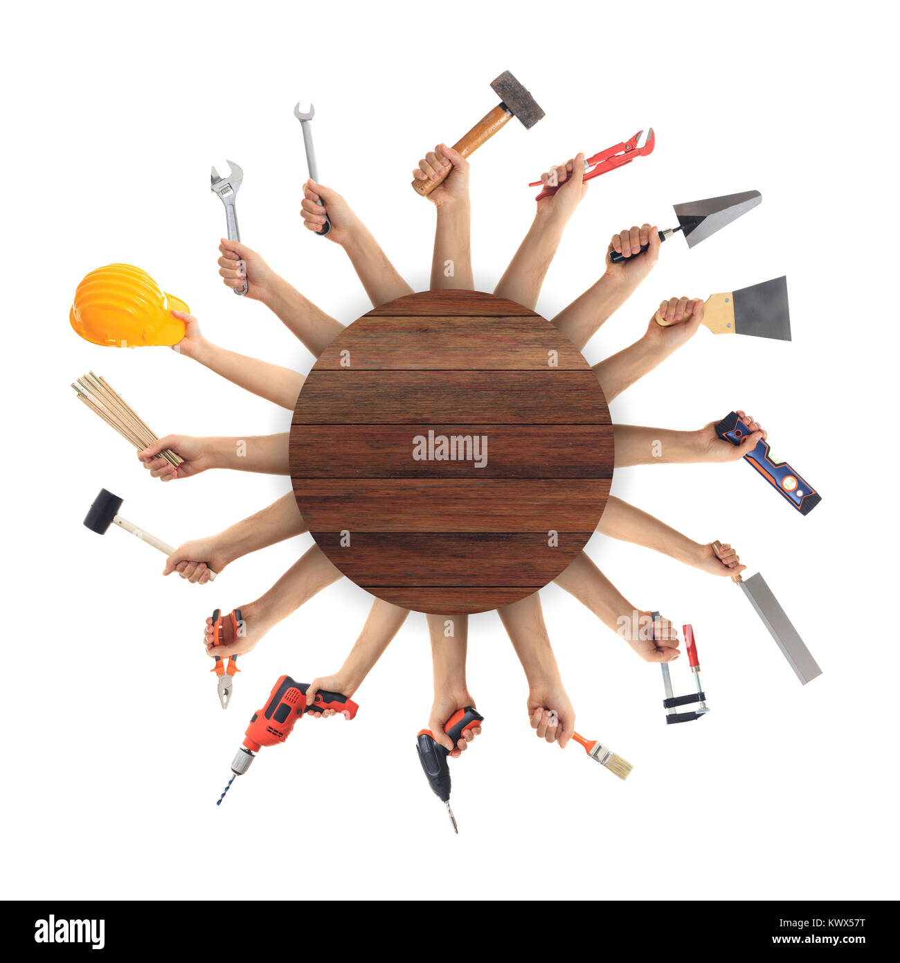 Hands holding hand tools on white background Stock Photo - Alamy