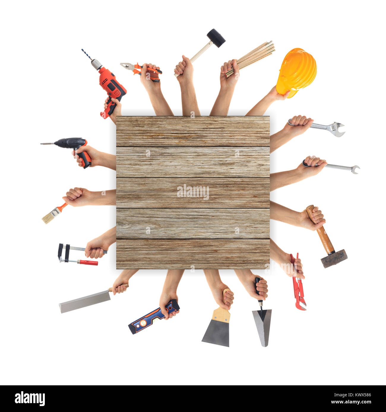 Hands holding hand tools on white background Stock Photo - Alamy