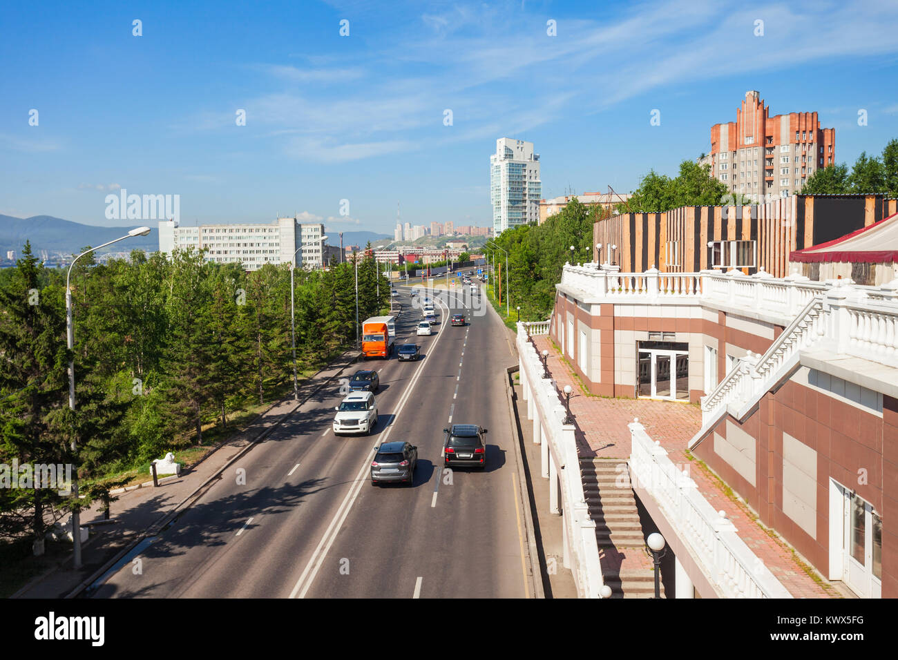 Cars on the main road in Krasnoyarsk, Russia Stock Photo