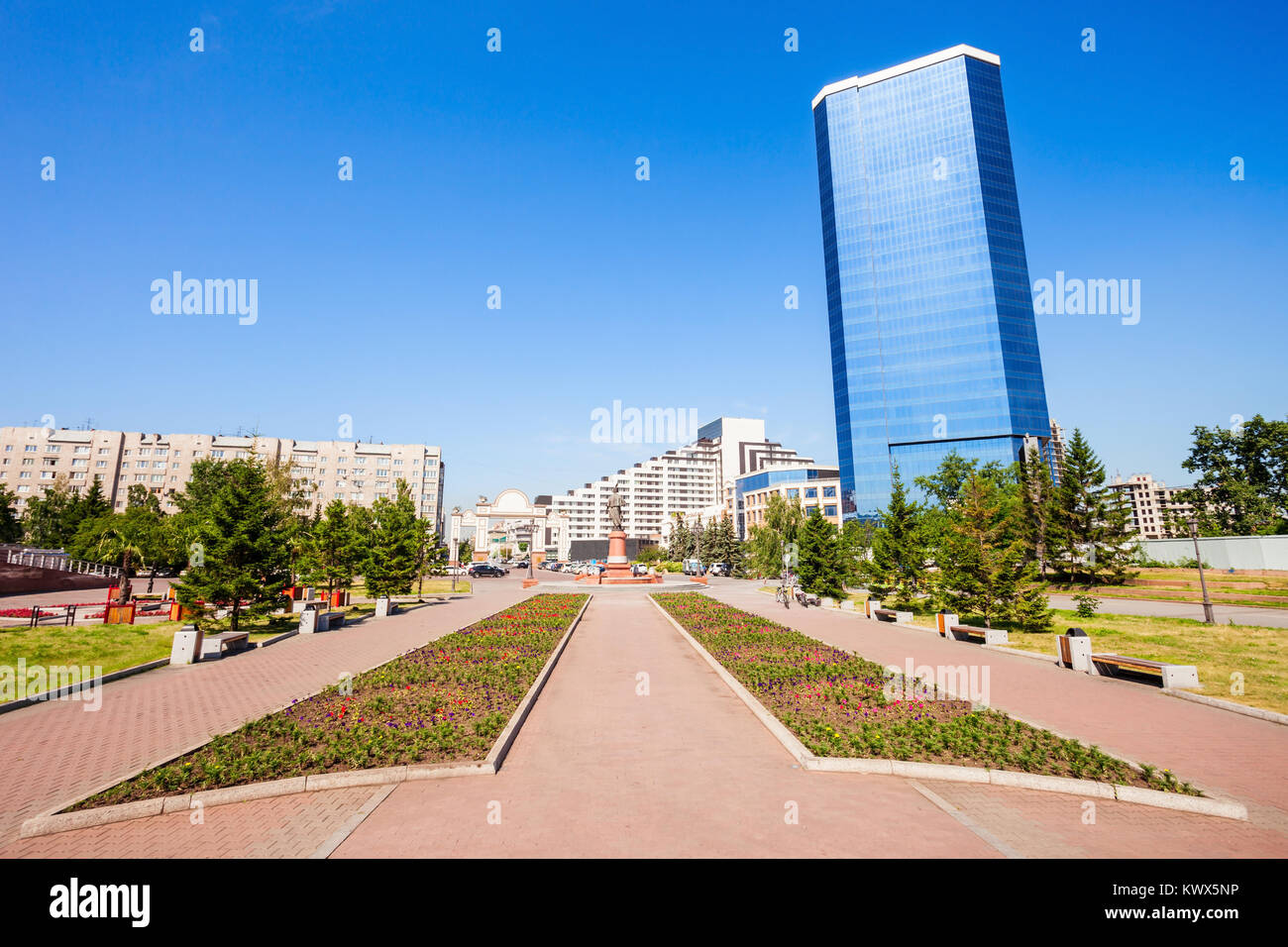 Business centre 'Panorama' on the Peace square in the center of Krasnoyarsk city in Russia Stock Photo