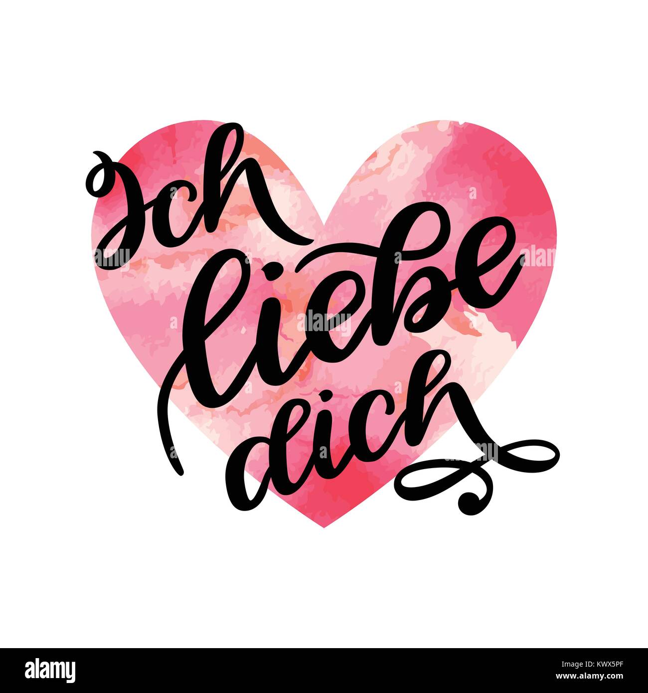 Handwritten text in German Ich liebe dich. Love you postcard. Phrase