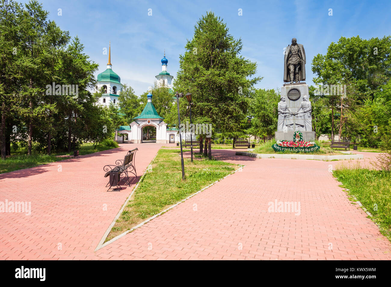 Znamensky Monastery and Kolchak monument. Znamensky Monastery is a Orthodox convent situated in Irkutsk, Russia. Stock Photo
