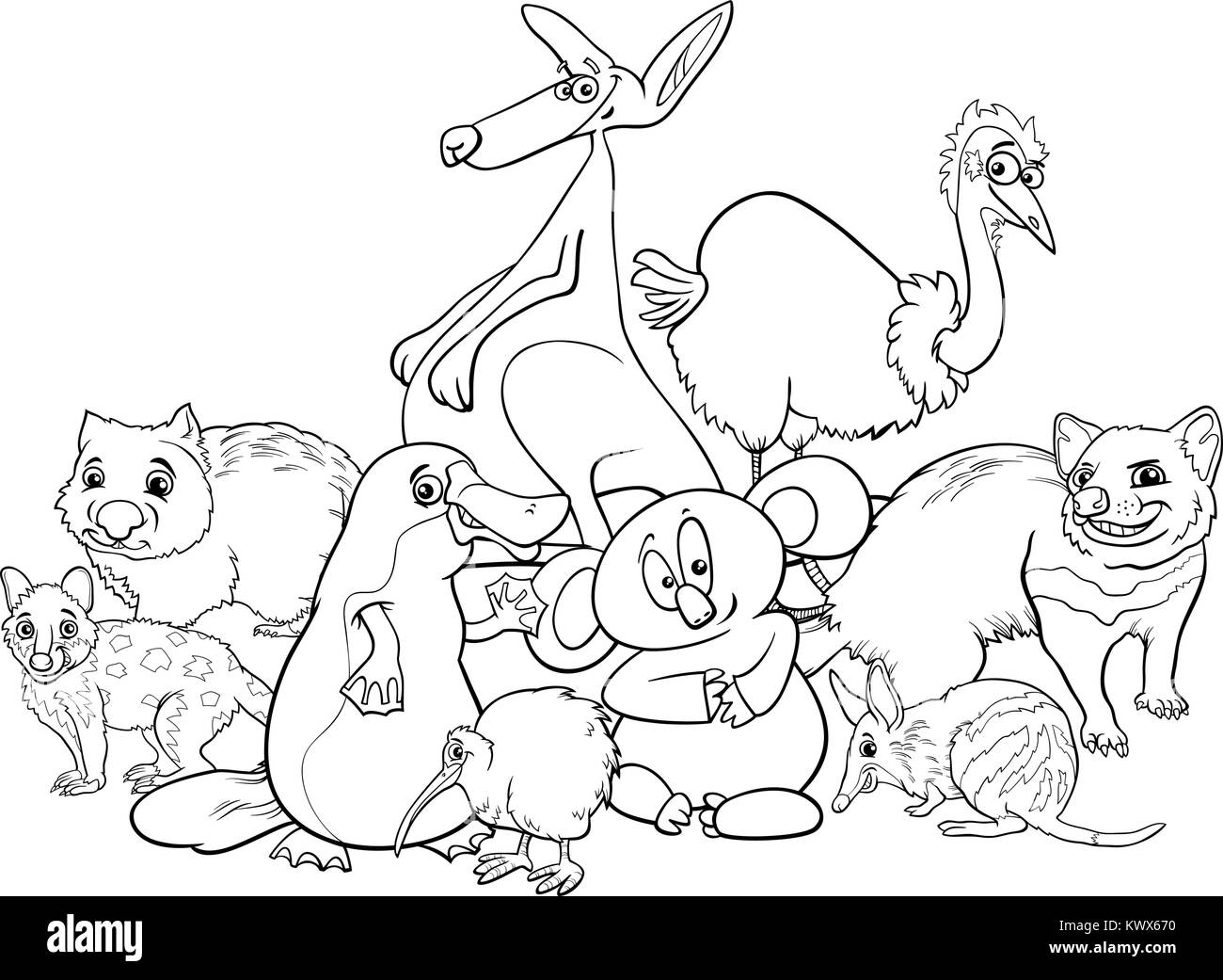 Black and White Cartoon Illustrations of Australian Animal Characters Group Coloring Book Stock Vector