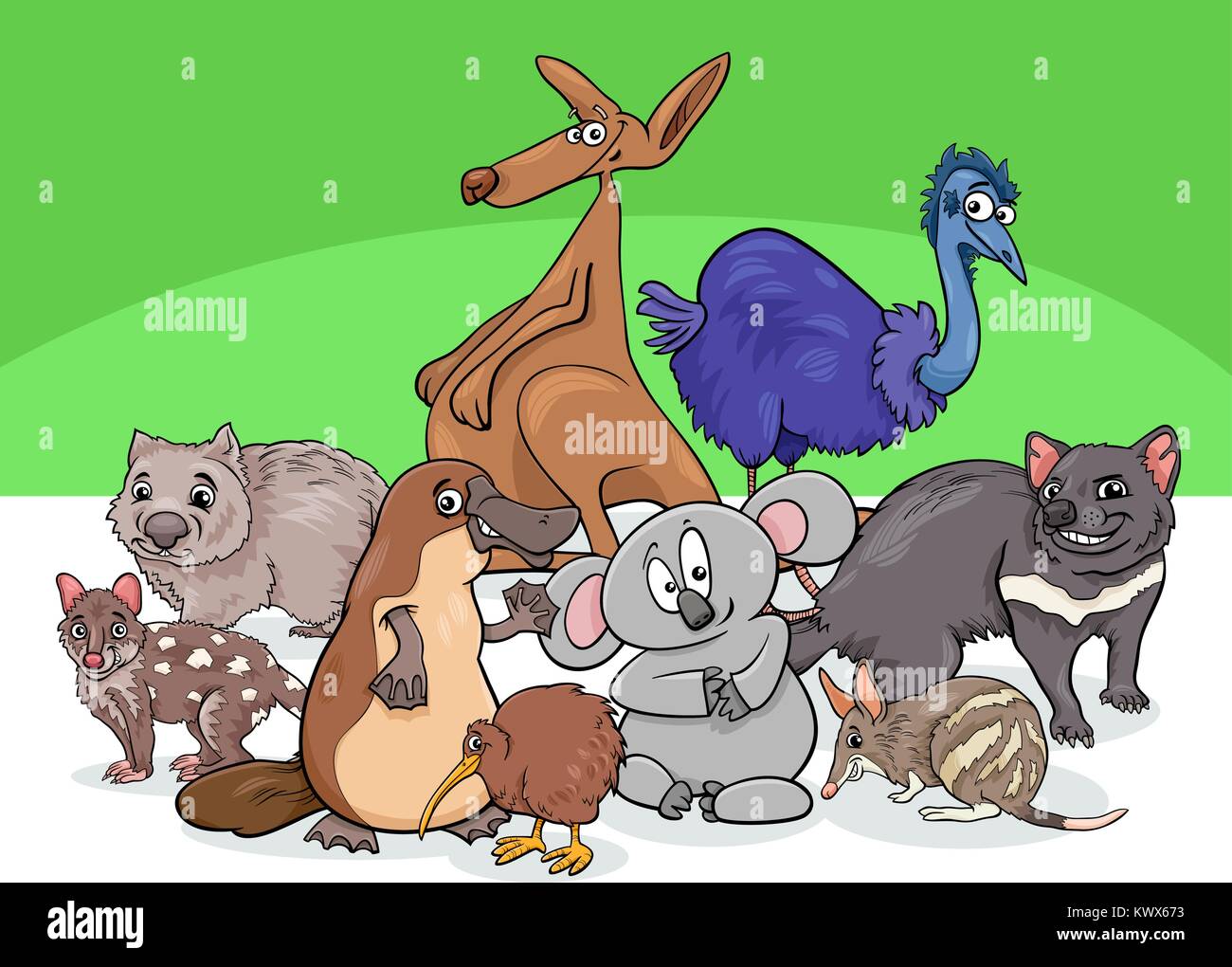 Cartoon Illustrations of Australian Animal Characters Group Stock Vector