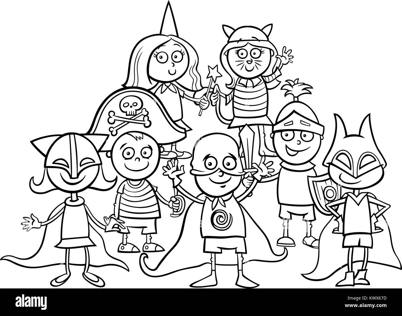 Black and White Cartoon Illustration of Elementary Age Children Characters at the Mask Ball Coloring Book Stock Vector