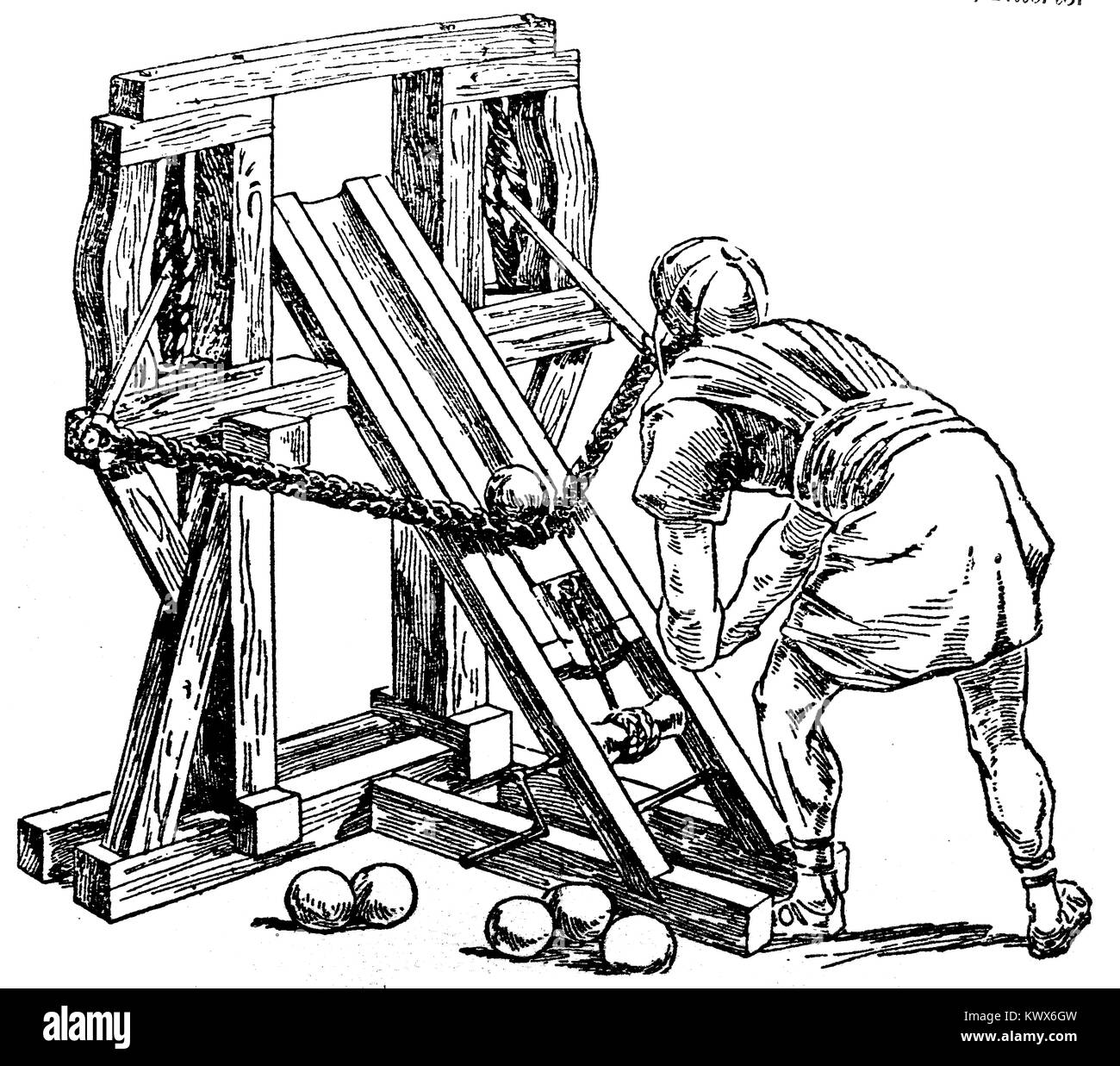 A Roman soldier operating a ballista (1930 illustration) Stock Photo