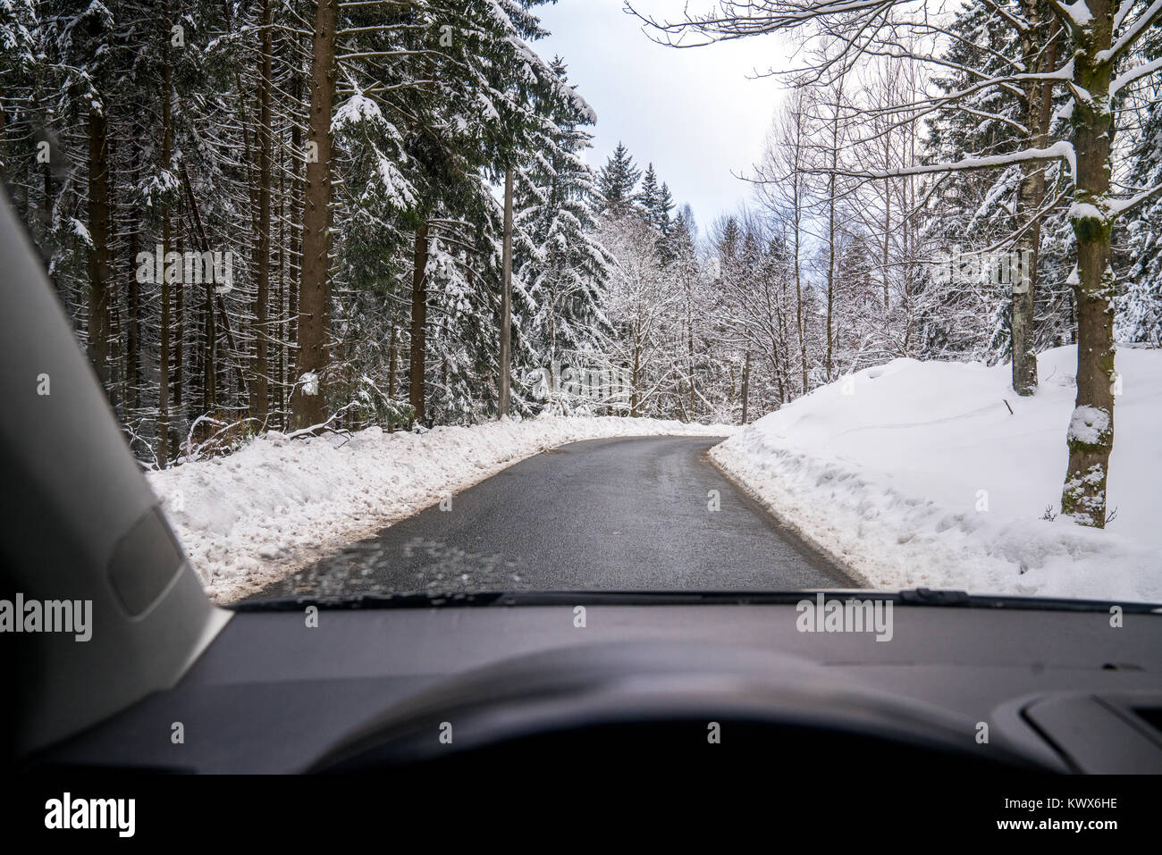 Inside a car on a snowy road in the Harz mountains Stock Photo