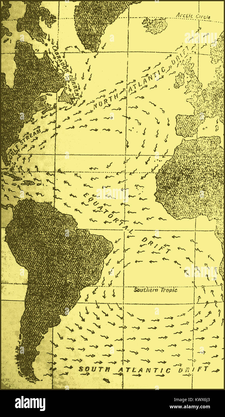 GLOBAL WARMING - A 1933 MAP SHOWING ATLANTIC OCEAN CURRENTS  AND GULF STREAM AT THAT TIME Stock Photo