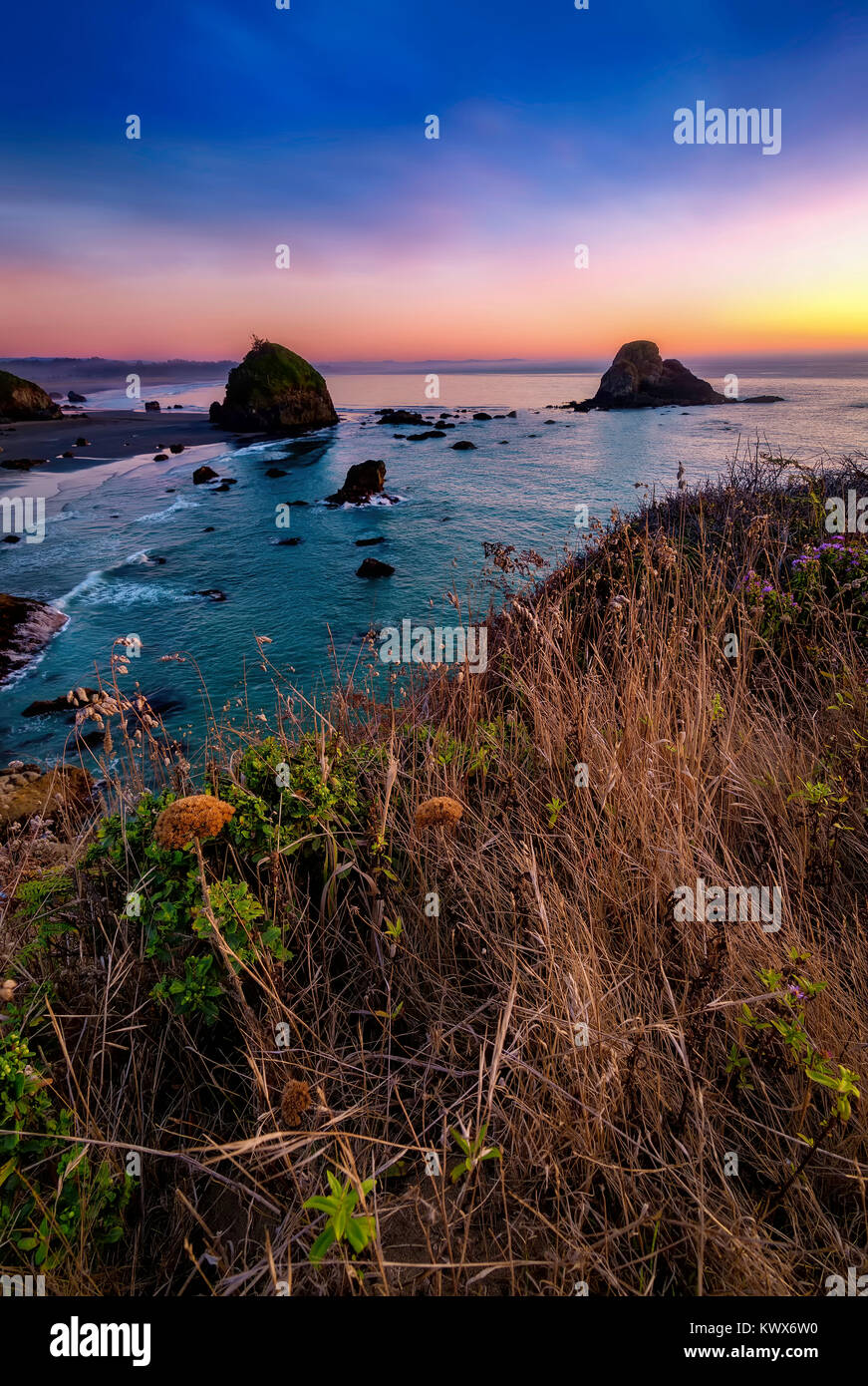 Color image of a beautiful sunset overlooking the Pacific Ocean in Northern California. Stock Photo