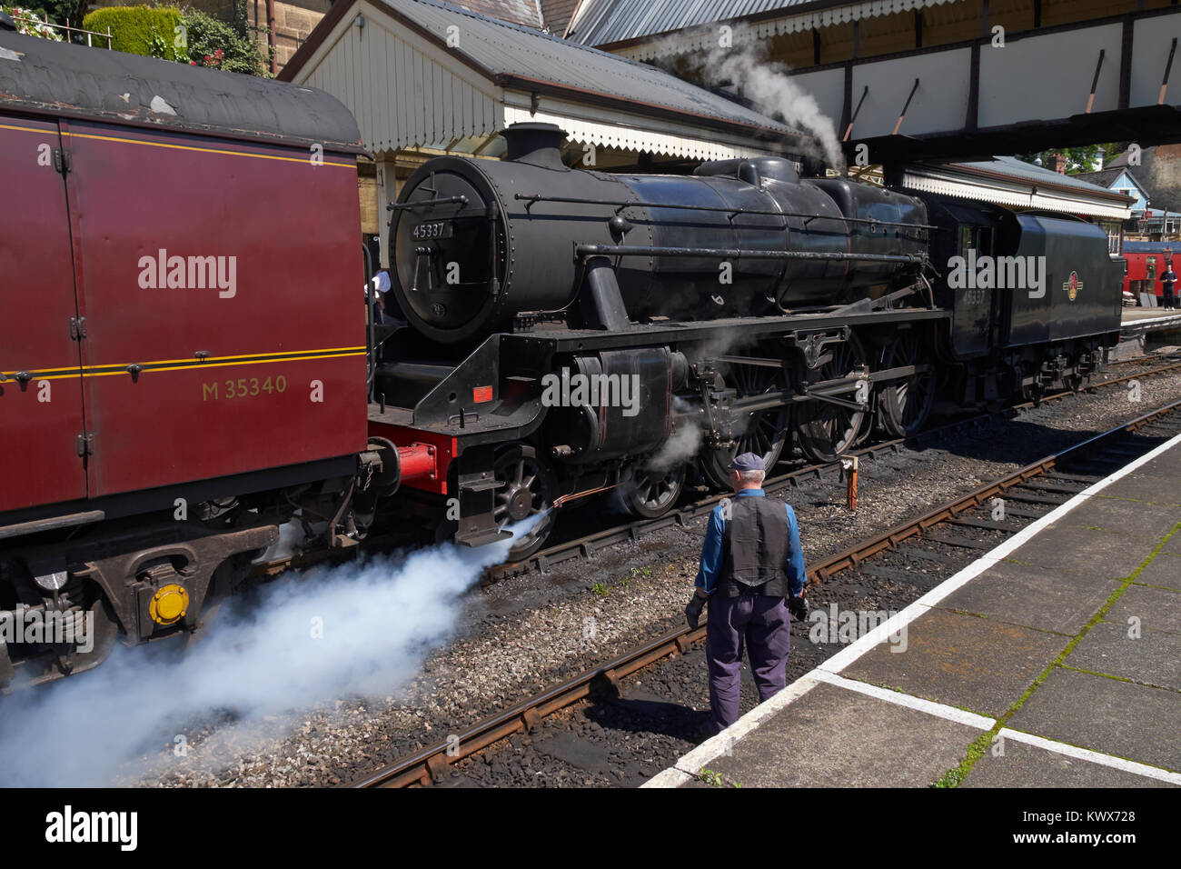 A steam locomotive (LMS Black 5 – 45337) at Llangollen railway station, Denbighshire, Wales. Stock Photo