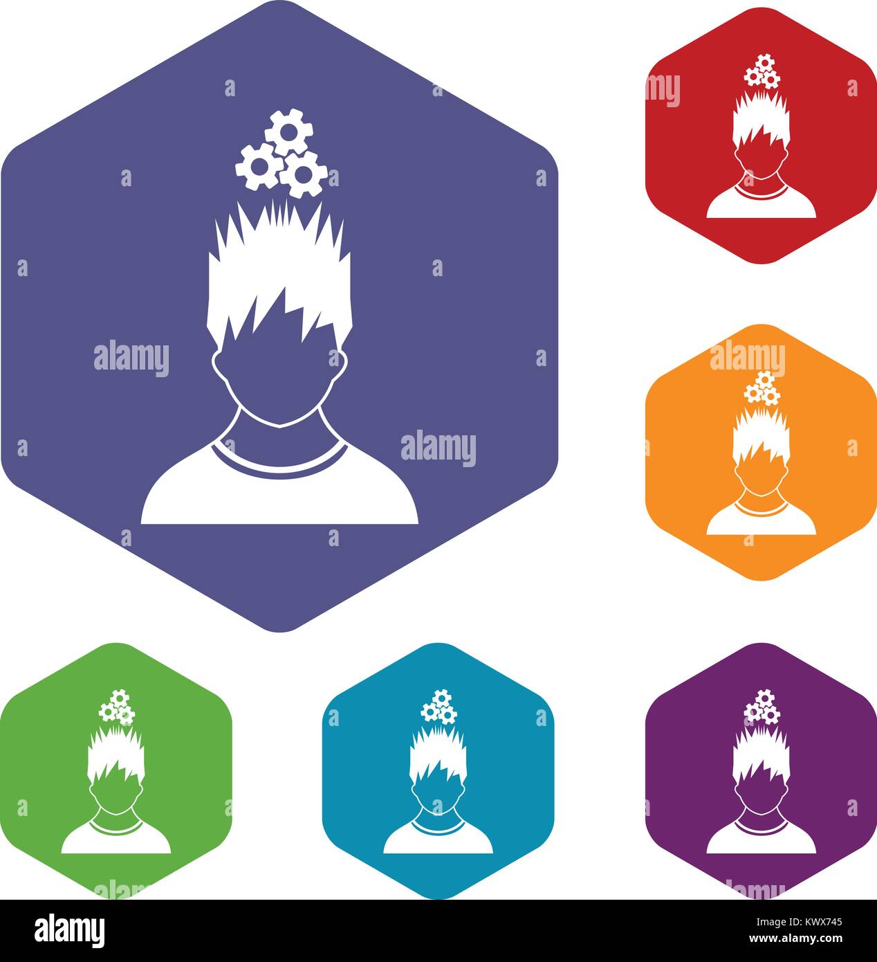 Man with metal gears over head icons set rhombus in different colors ...
