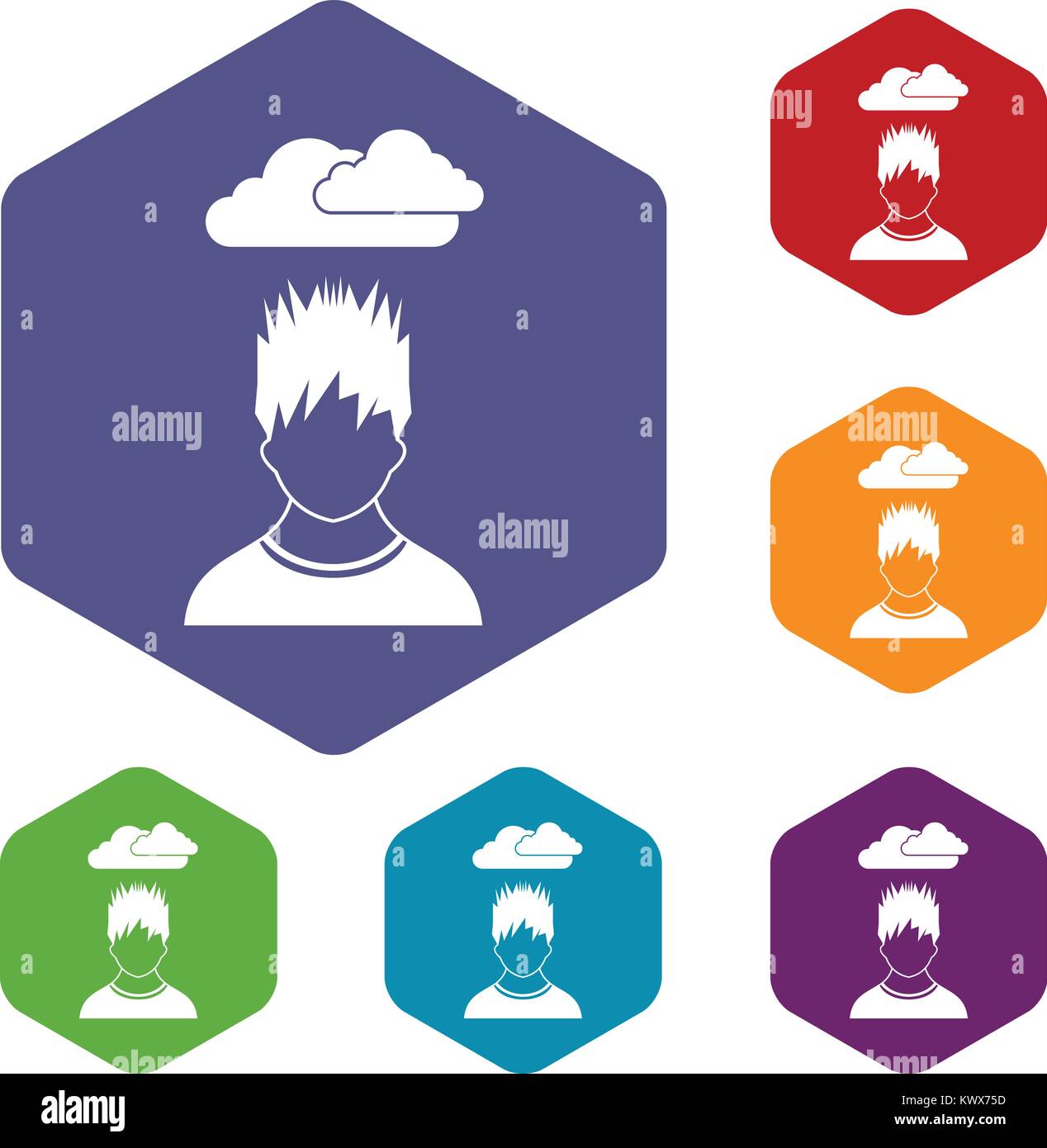 Depressed man with dark cloud over his head icons set rhombus in ...