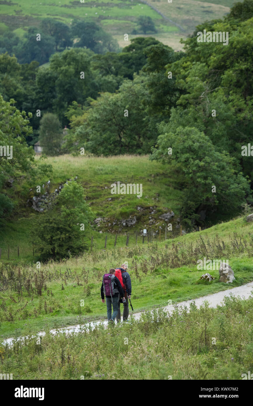 2 male walkers or hikers with rucksacks, walk together along Pennine Way National Trail footpath -  near Malham Cove, Yorkshire Dales, England, UK. Stock Photo