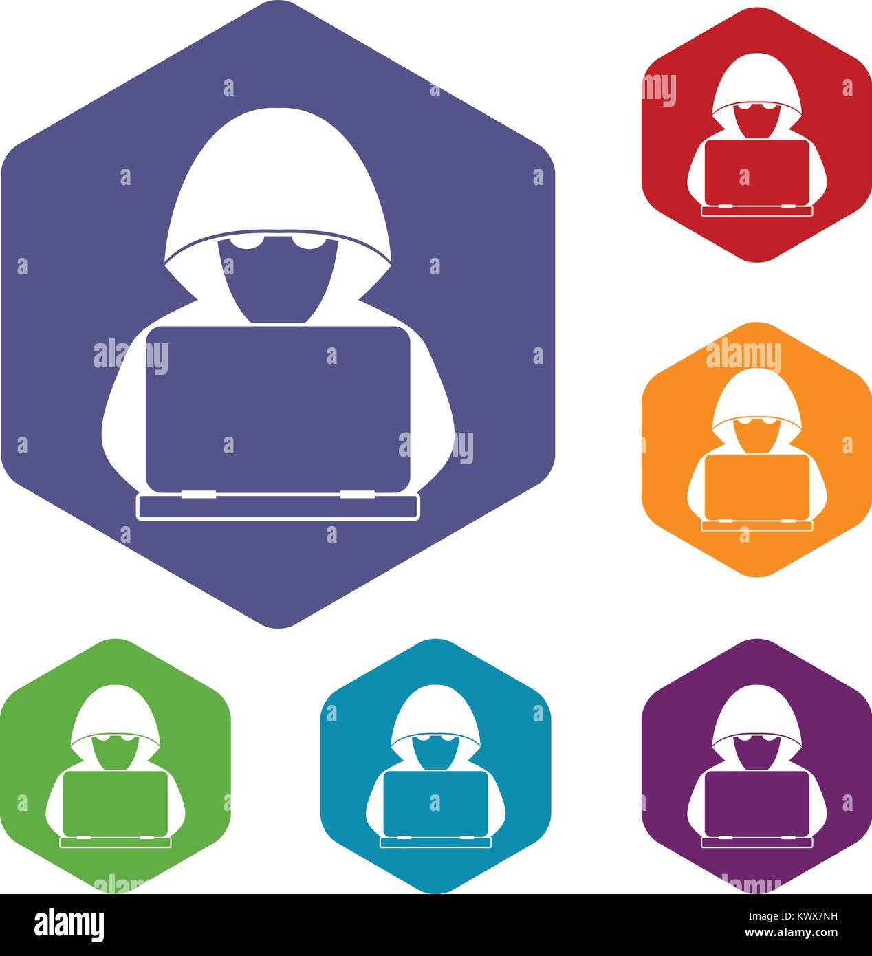 Computer hacker with laptop icons set rhombus in different colors ...