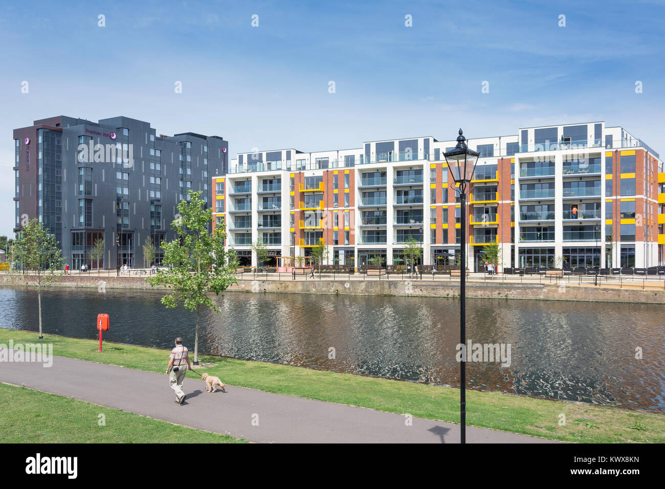 Merchant Gate apartment building across Great River Ouse, Riverside Square, Bedford, Bedfordshire, England, United Kingdom Stock Photo