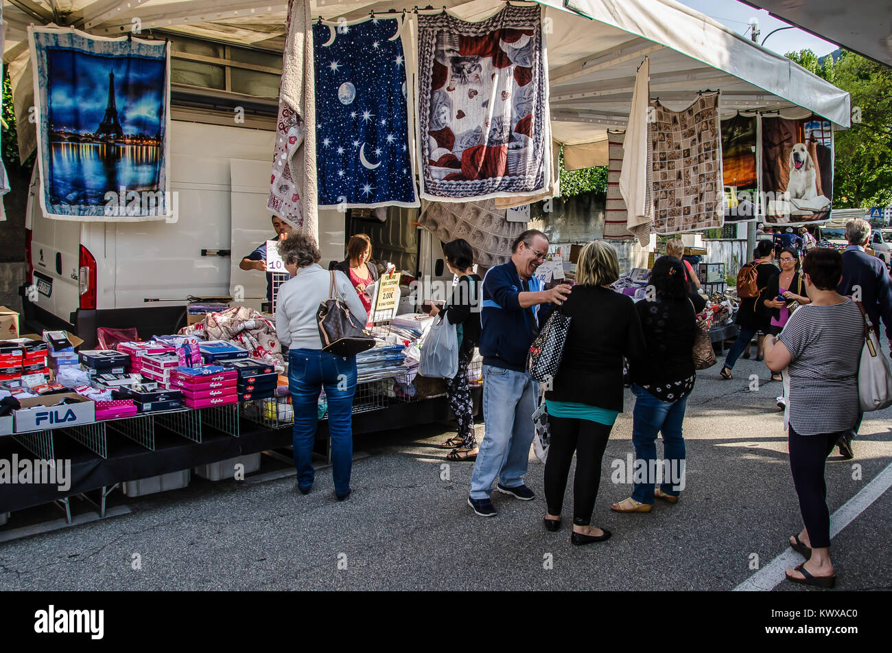 Street markets, sounds and smells, local products, handcrafts - all this and more awaits you in the typical local markets around Lake Orta. Stock Photo