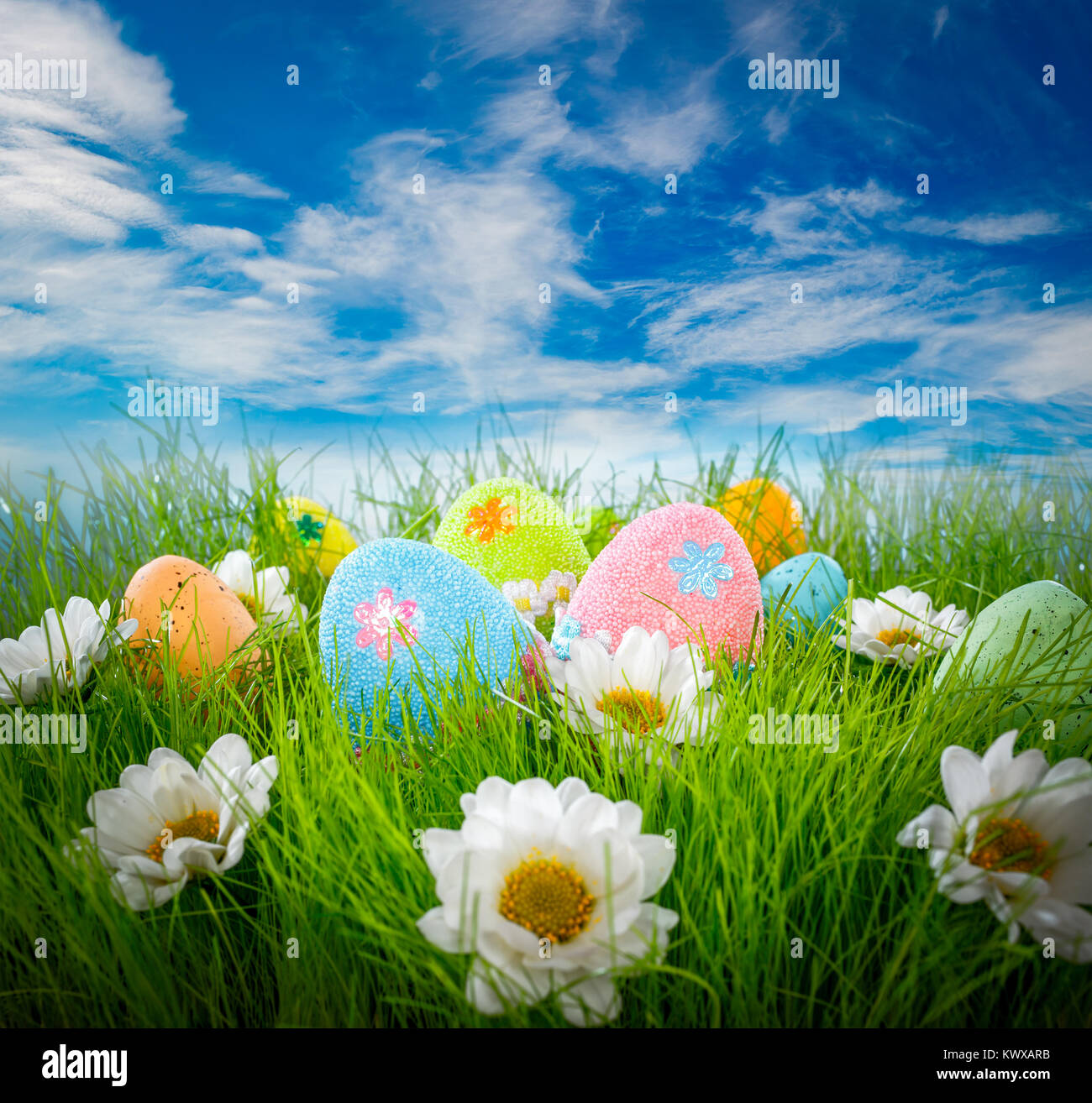 Decorated easter eggs in the grass on blue sky background Stock Photo ...