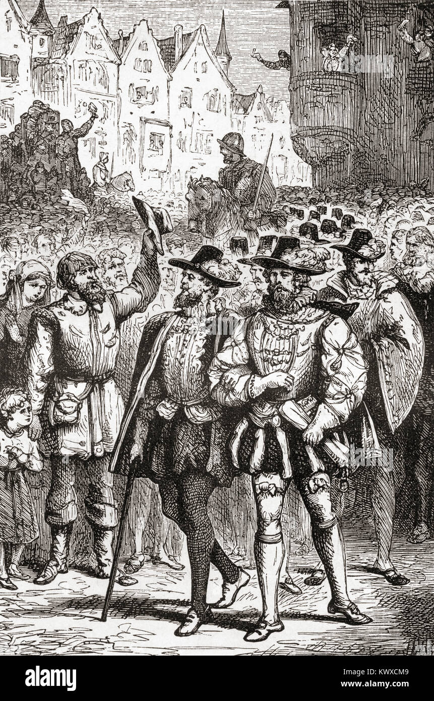 The procession of the petitioning nobles. A covenant of members of the lesser nobility in the Habsburg Netherlands who came together to submit a petition to the Regent Margaret of Parma on 5 April 1566, to obtain moderation in the Inquisition and the abolition of the laws against heresy.  From Ward and Lock's Illustrated History of the World, published c.1882. Stock Photo