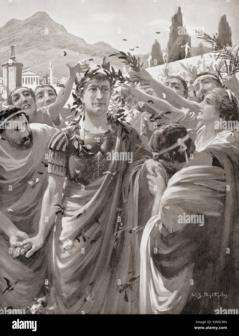 Flamininus at the Isthmian Games in Corinth, 196 BC  proclaiming the freedom of the Greek states.  Titus Quinctius Flamininus, c. 229–174 BC.  Roman politician and general instrumental in the Roman conquest of Greece.  After the painting by W.S. Bagdatopoulus, (1888 -1965).   From Hutchinson's History of the Nations, published 1915. Stock Photo