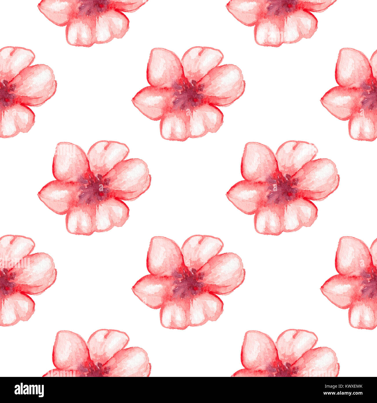 Hand drawn watercolor seamless pattern with red flowers on a white ...