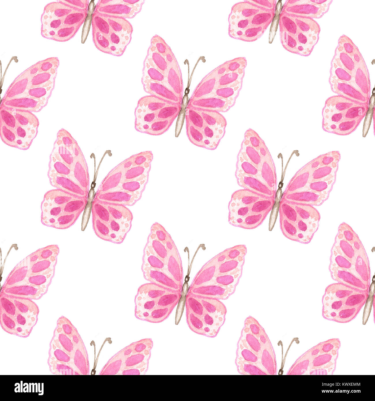 Hand drawn watercolor seamless pattern with pink butterflies on a white ...