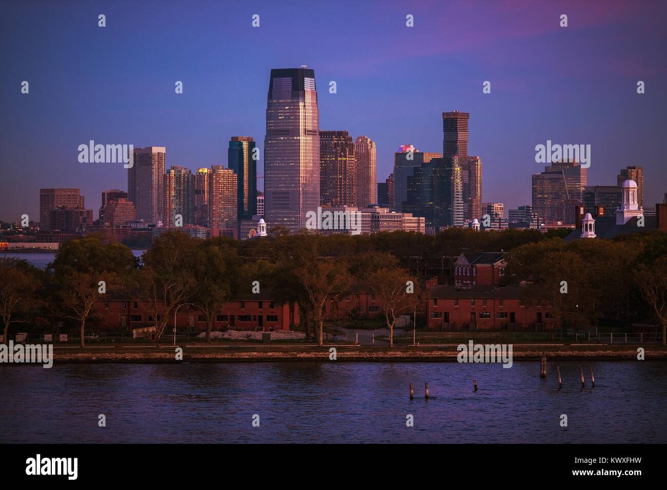 Jersey City at Dawn. United States of America. Early Morning City Skyline Vista. Stock Photo