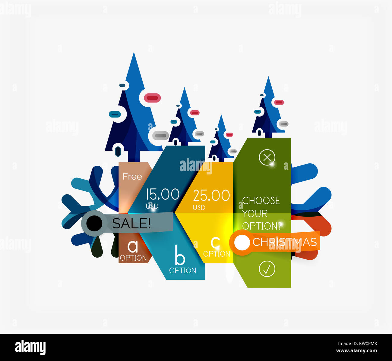 Paper New Year and Christmas labels and stickers. Modern info banner