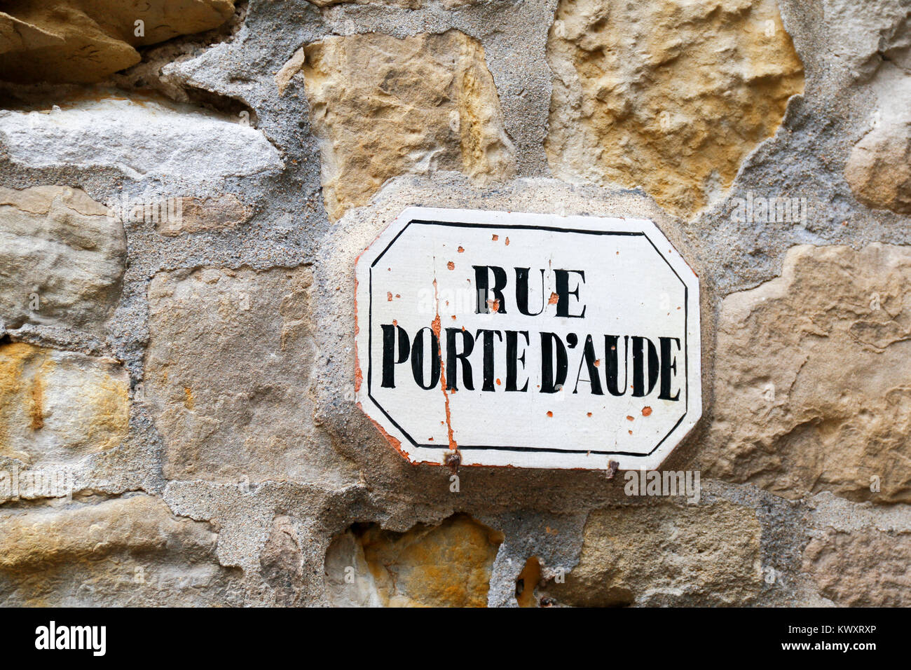 Street sign for Rue Porte d'Aude in Carcassonne, Aude, Occitanie, France Stock Photo