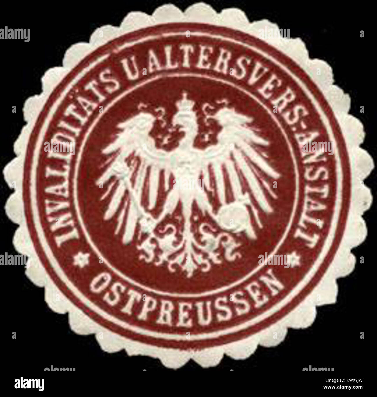 Seal related to the Invalidity and Old Age Insurance office of East Prussia, reflecting early social security and pension systems in the region. Stock Photo