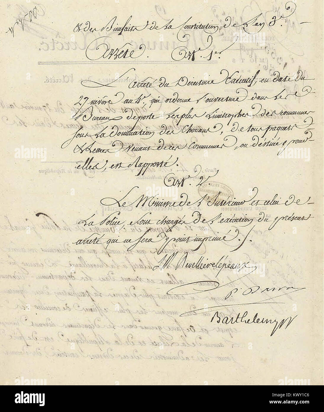 Minute d’arrêté du Directoire exécutif rapportant un arrêté du 27 nivôse an IV (17 janvier 1796) - Archives Nationales - AF-III-454 - (2) Stock Photo