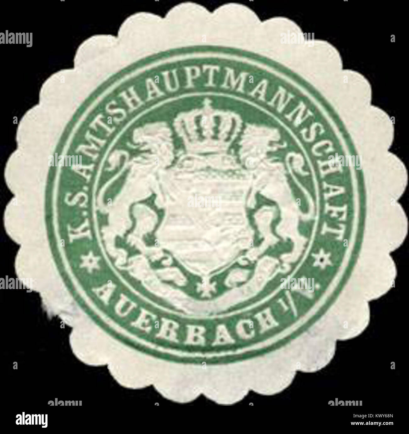 This Siegelmarke is from the Königlich Sächsische Amtshauptmannschaft in Auerbach, Saxony, Germany. The Amtshauptmannschaft Auerbach was a district in the Kingdom of Saxony, with its administrative seat in Auerbach. Stock Photo