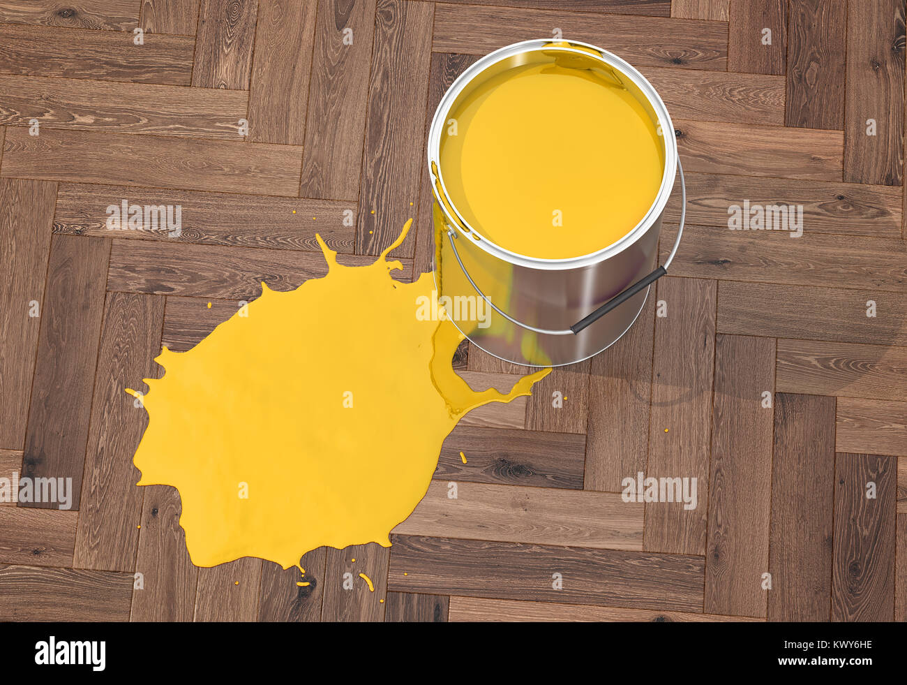 Silver Paint Bucket on wooden floor - 3D Rendering Stock Photo