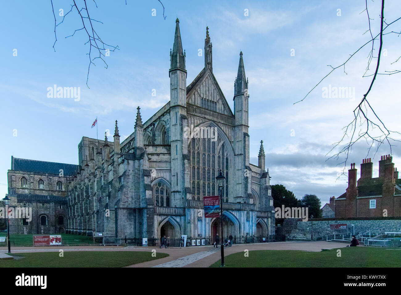 Winchester Cathedral West Front on a winter day just before sunset - Wide angle perspective shifted image Stock Photo