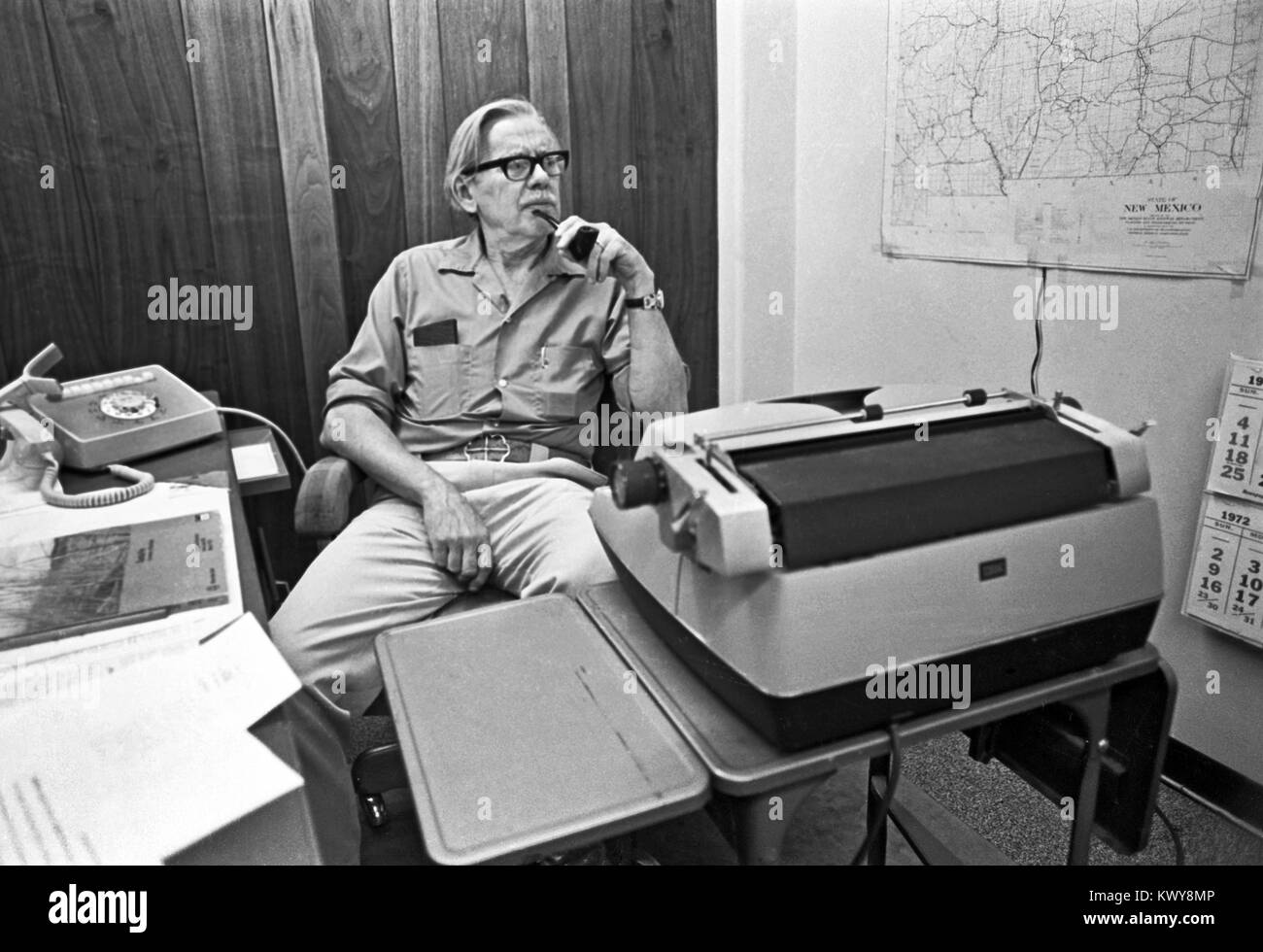 Jack Schaefer, 1907-1999, author of Shane, and numerous other books in his writing studio in Santa Fe, New Mexico. Stock Photo