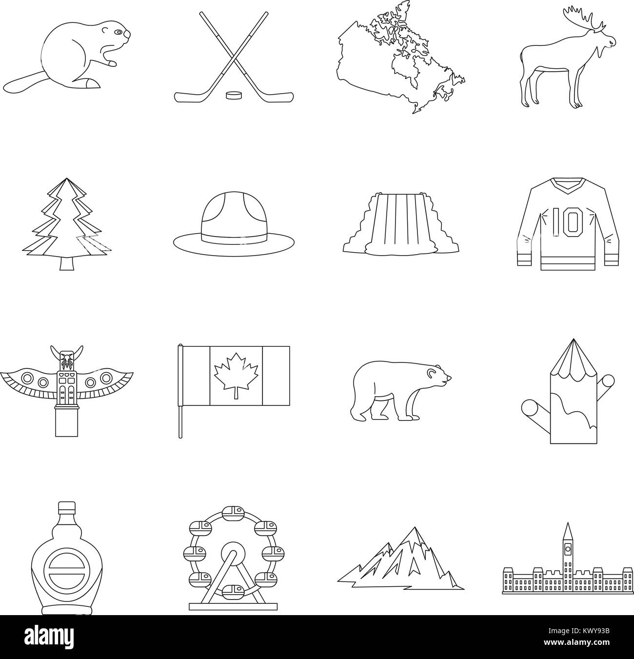 Canada travel icons set, outline style Stock Vector
