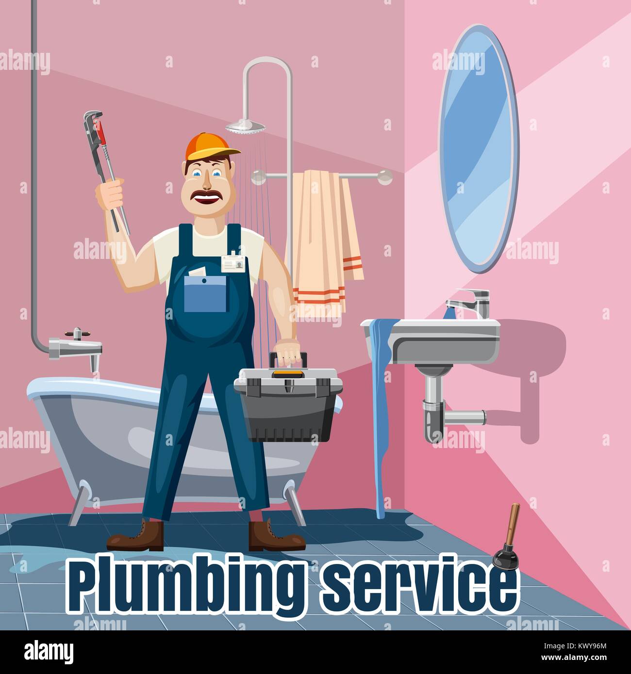 Plumbing fix bath washbasin concept, cartoon style Stock Vector