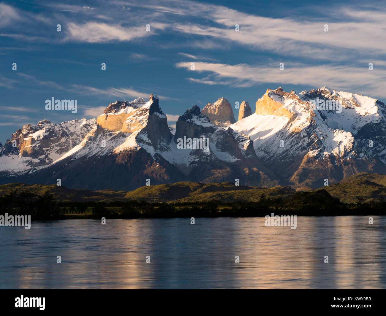 Sunset view of Torres del Paine National Park over Rio Serrano, Tyndall, Chile. Stock Photo